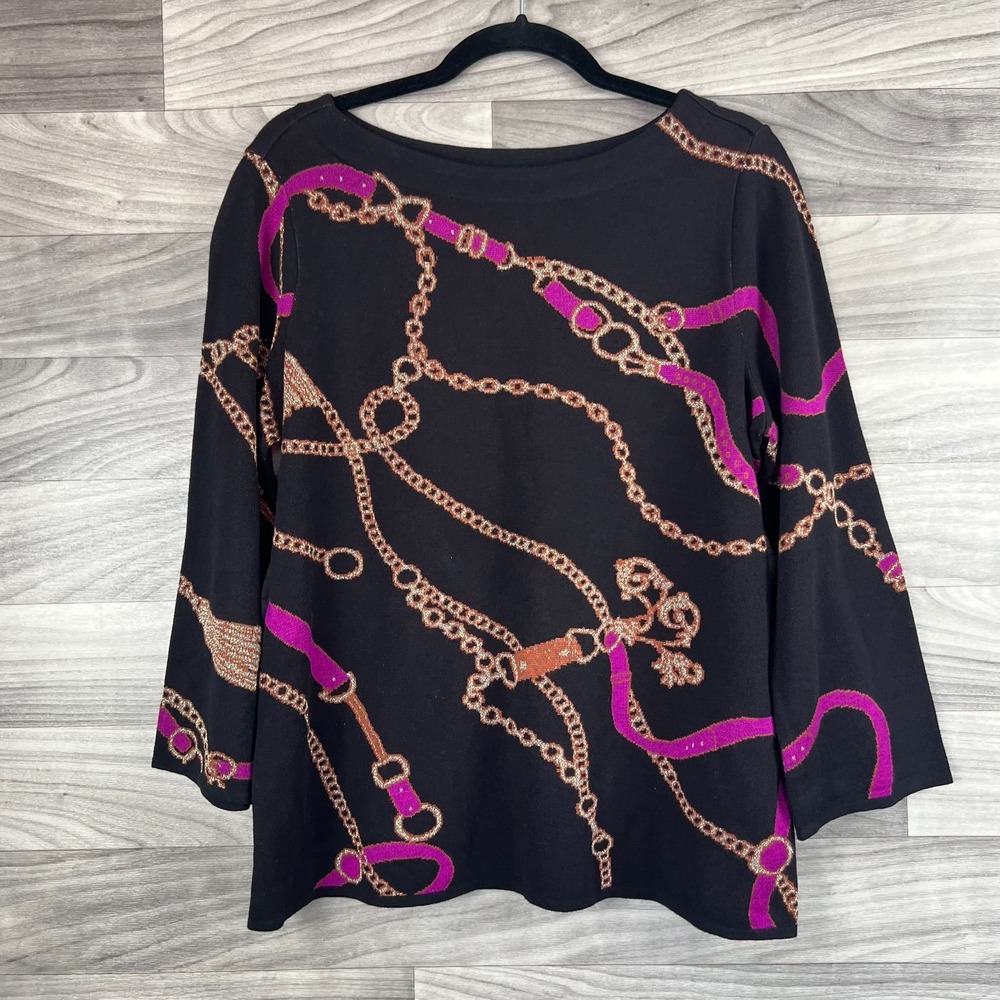 Chico's Sweater Womens Size US M 1 Black Horse Bit Print Knit Boat Neck Pullover